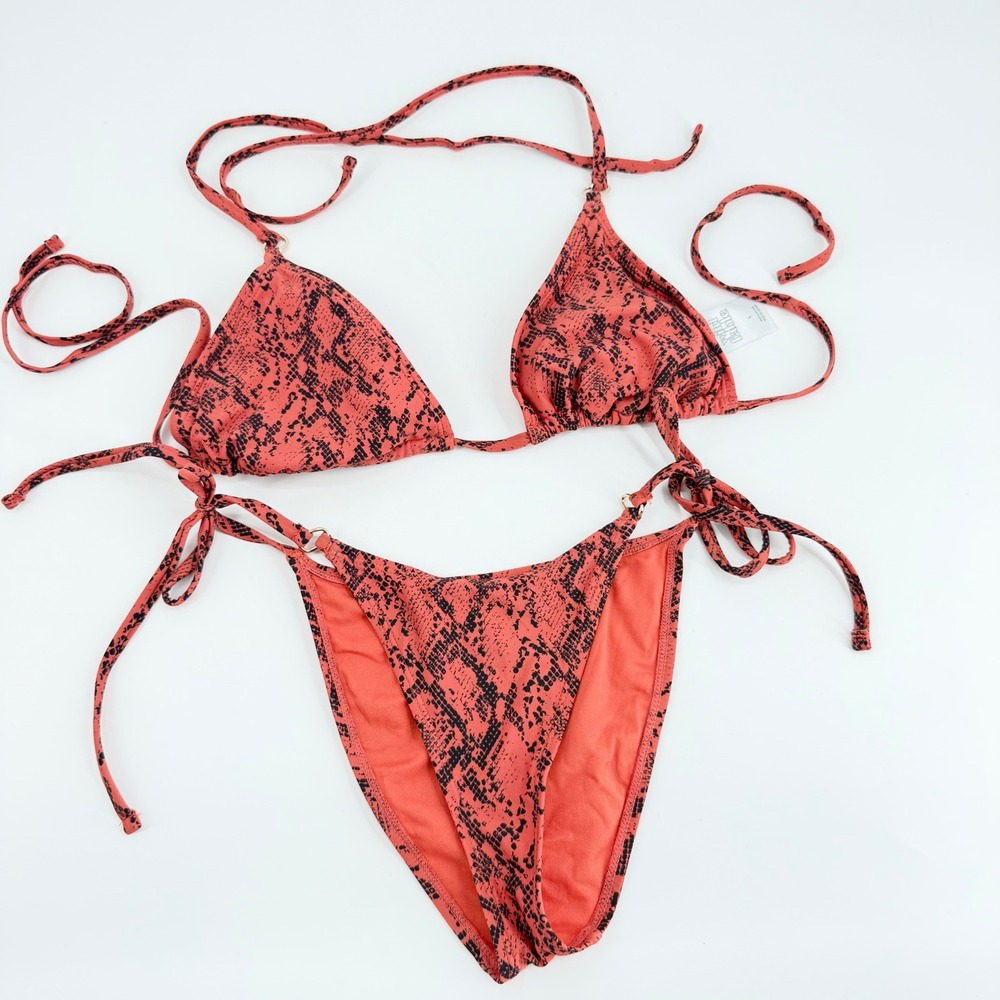 Wild Fable Snake Print String Bikini Set Top L Bottom S Coral Black Swimwear